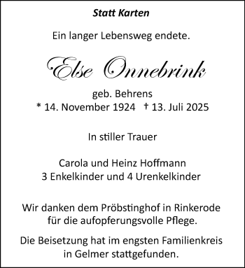 Anzeige von Else Onnebrink 