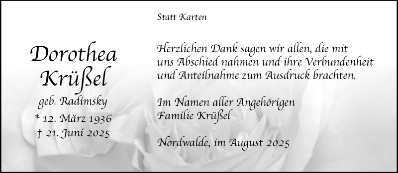  Traueranzeige für Dorothea Krüßel vom 02.08.2025 aus 