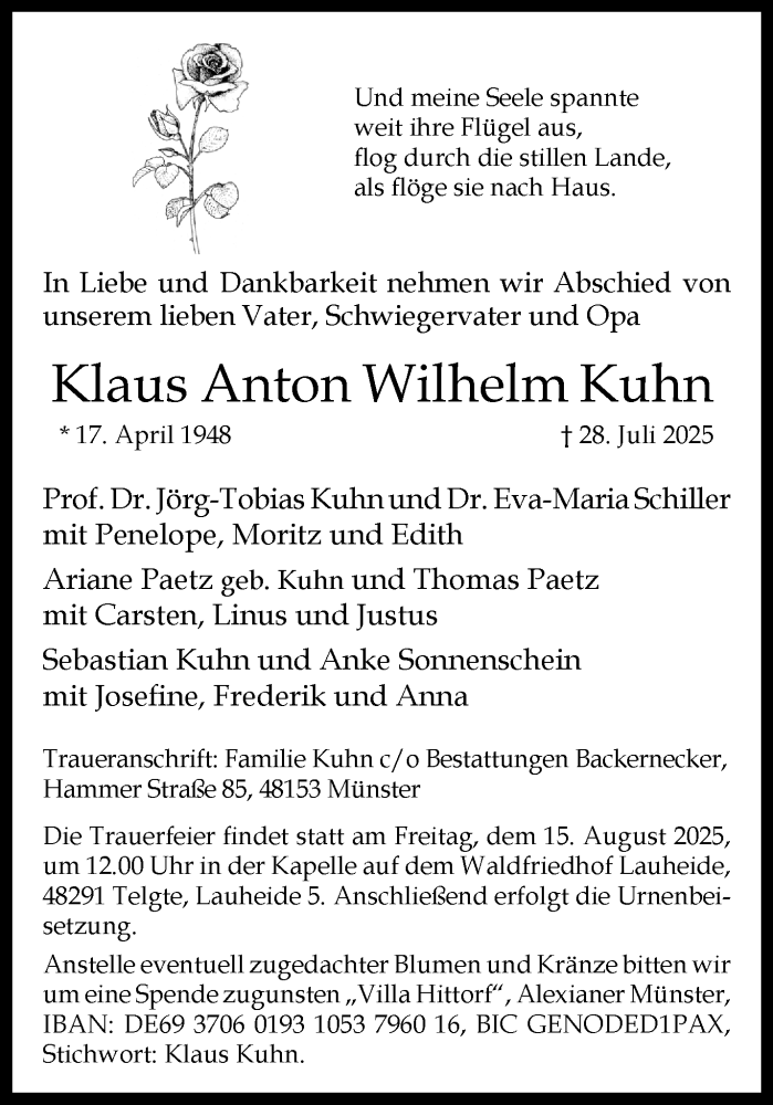  Traueranzeige für Klaus Anton Wilhelm Kuhn vom 09.08.2025 aus 