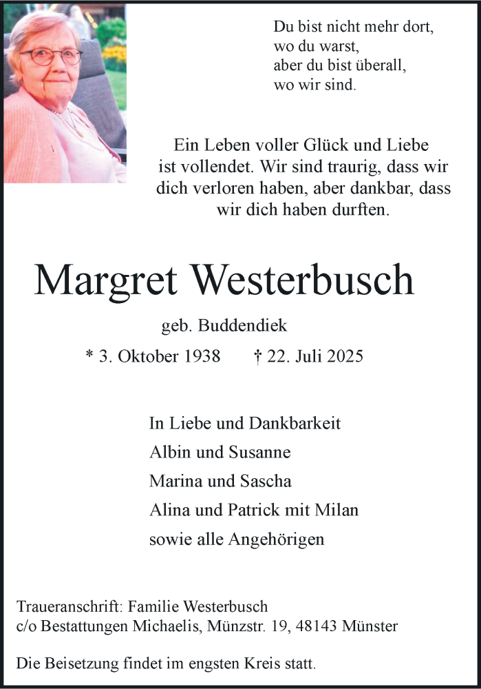  Traueranzeige für Margret Westerbusch vom 02.08.2025 aus 