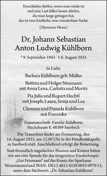 Anzeige von Dr. Johann Sebastian Anton Ludwig Kühlborn 