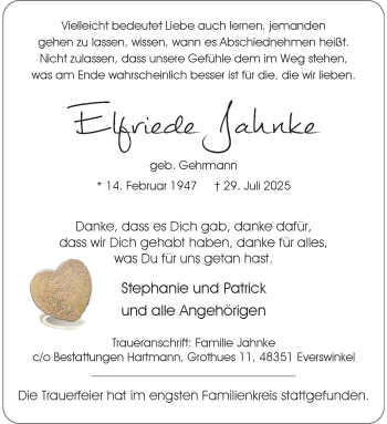 Anzeige von Elfriede Jahnke 