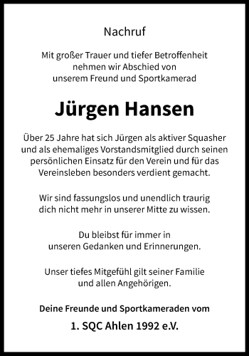 Anzeige von Jürgen Hansen 