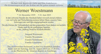 Anzeige von Werner Woestmann 