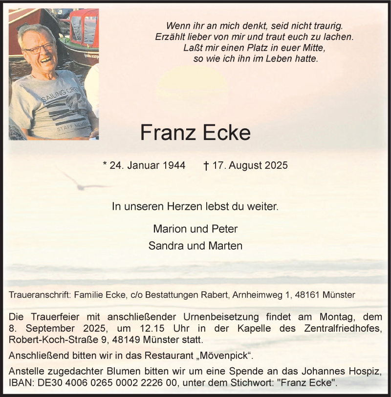 Traueranzeige für Franz Ecke vom 30.08.2025 aus 