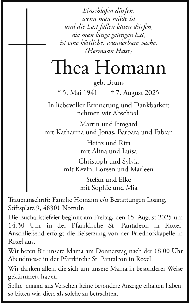  Traueranzeige für Thea Homann vom 13.08.2025 aus 