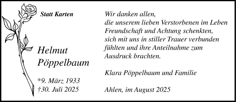  Traueranzeige für Helmut Pöppelbaum vom 30.08.2025 aus 