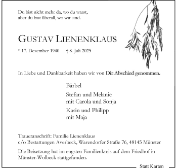Anzeige von Gustav Lienenklaus 