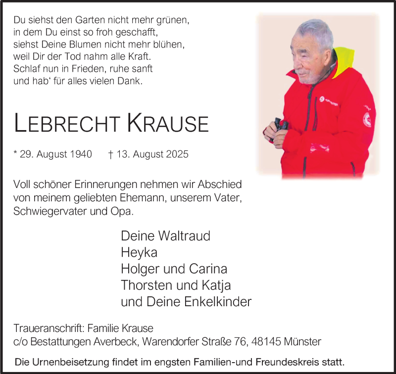  Traueranzeige für Lebrecht Krause vom 30.08.2025 aus 