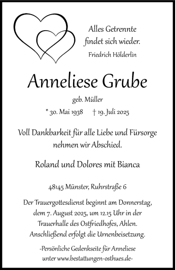 Anzeige von Anneliese Grube 