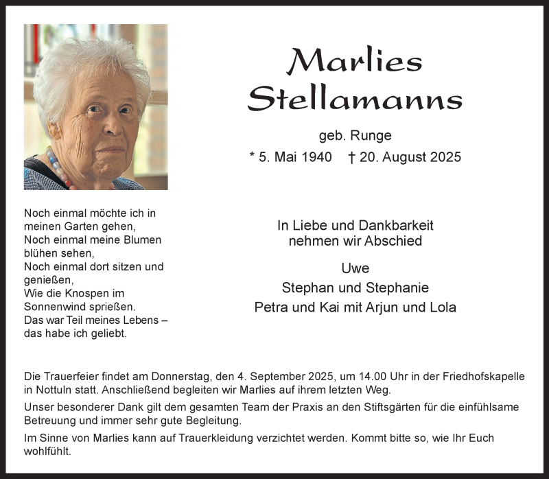  Traueranzeige für Marlies Stellamanns vom 30.08.2025 aus 