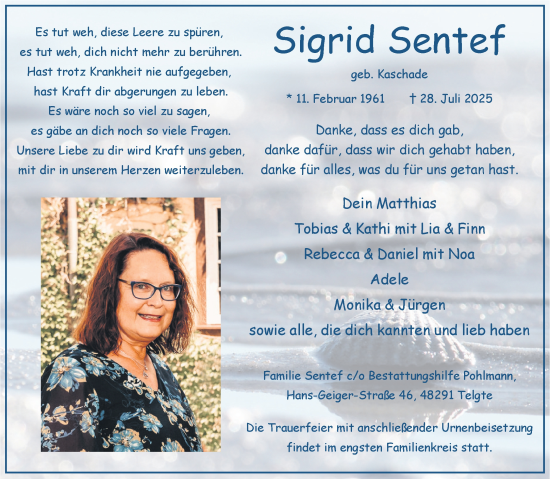 Anzeige von Sigrid Sentef von Westfälische Nachrichten