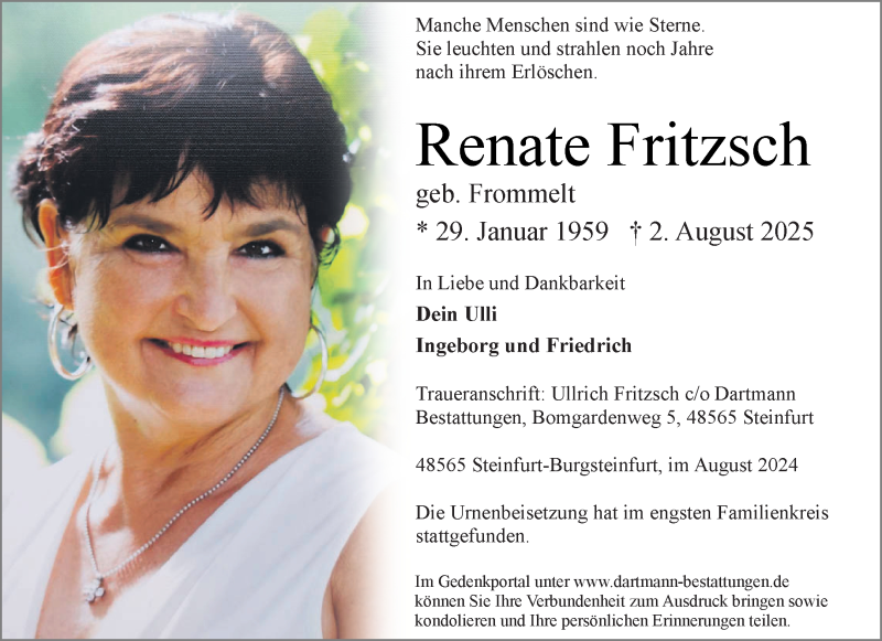  Traueranzeige für Renate Fritzsch vom 16.08.2025 aus 