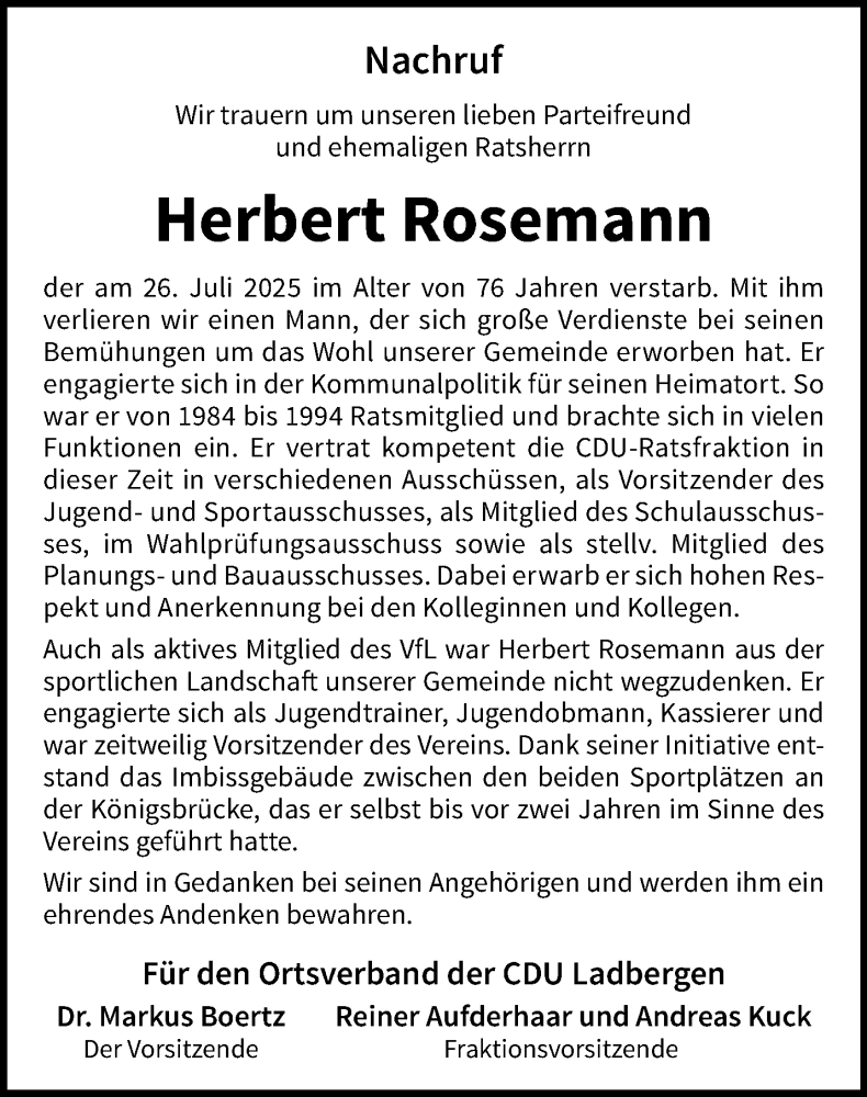  Traueranzeige für Herbert Rosemann vom 16.08.2025 aus 