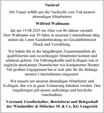 Anzeige von Wilfried Wallmann 