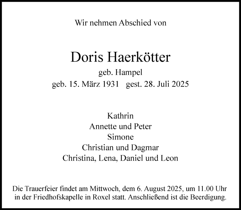  Traueranzeige für Doris Haerkötter vom 02.08.2025 aus 