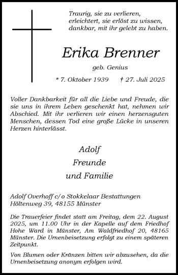 Anzeige von Erika Brenner 