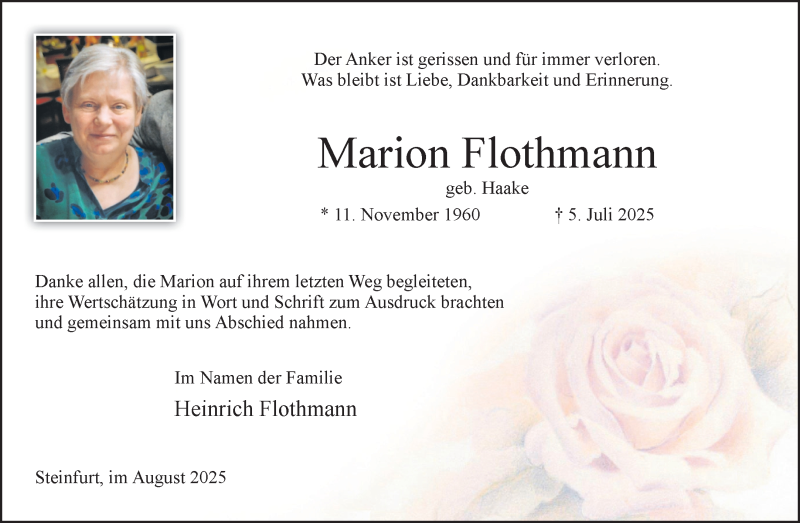  Traueranzeige für Marion Flothmann vom 20.08.2025 aus 