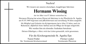 Anzeige von Hermann Wissing 