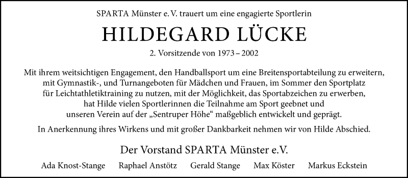  Traueranzeige für Hildegard Lücke vom 27.08.2025 aus 