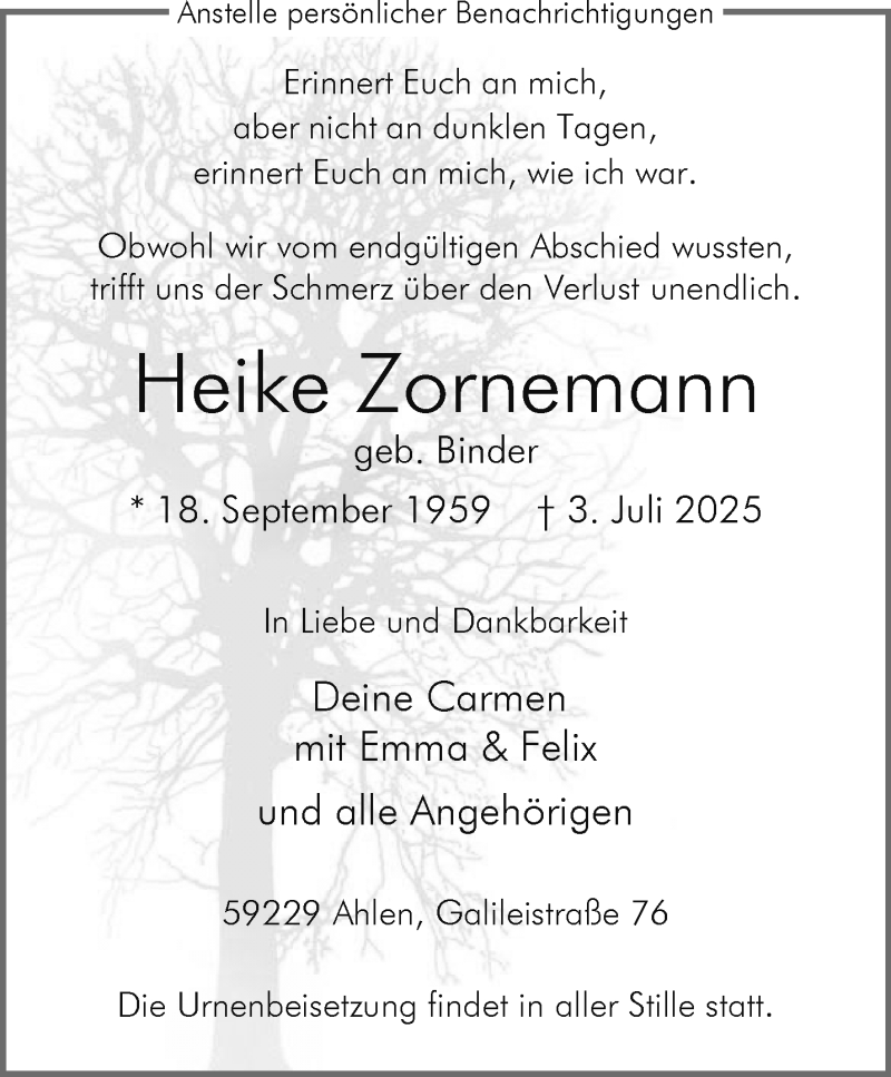  Traueranzeige für Heike Zornemann vom 02.08.2025 aus 