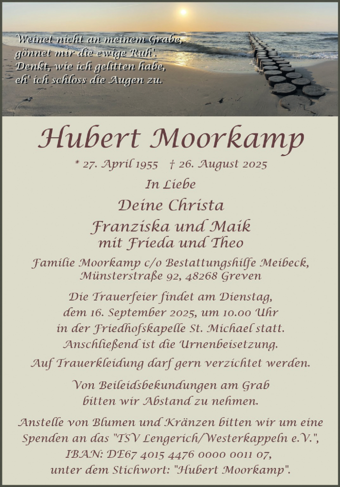  Traueranzeige für Hubert Moorkamp vom 30.08.2025 aus 