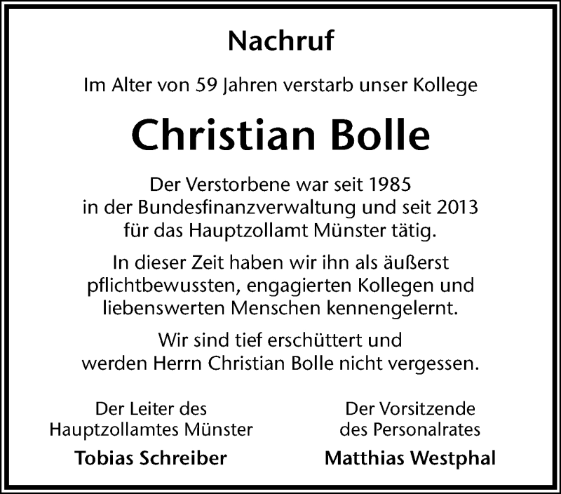  Traueranzeige für Christian Bolle vom 15.08.2025 aus 