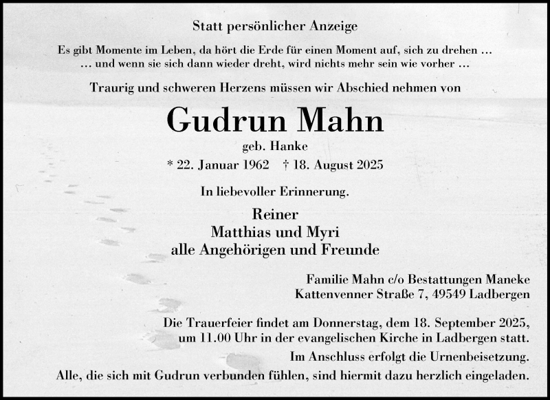  Traueranzeige für Gudrun Mahn vom 30.08.2025 aus 