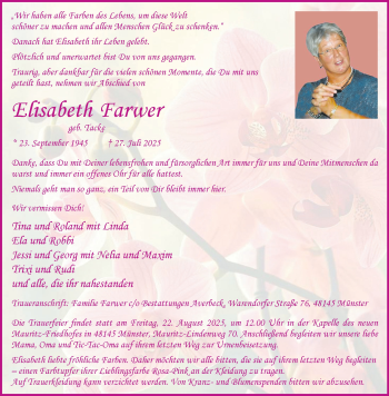 Anzeige von Elisabeth Farwer 