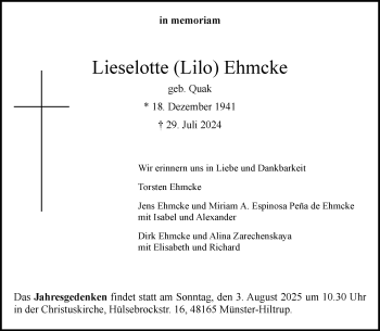 Anzeige von Lieselotte Ehmcke 