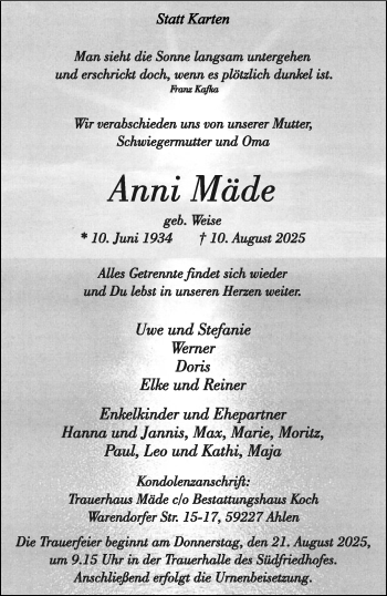 Anzeige von Anni Mäde 