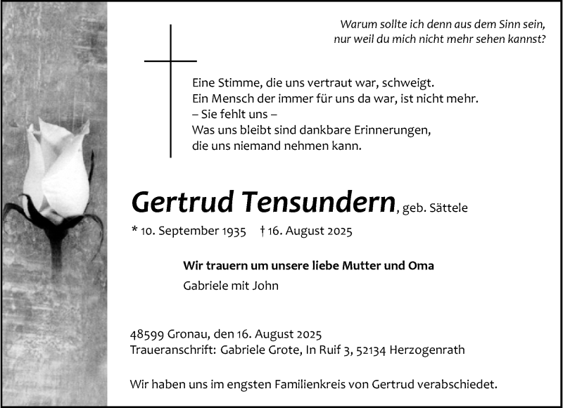  Traueranzeige für Gertrud Tensundern vom 22.08.2025 aus 