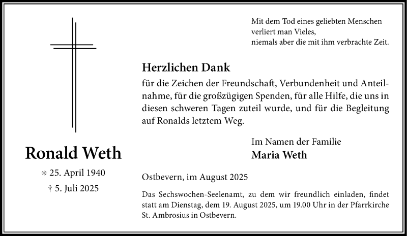  Traueranzeige für Ronald Weth vom 09.08.2025 aus 