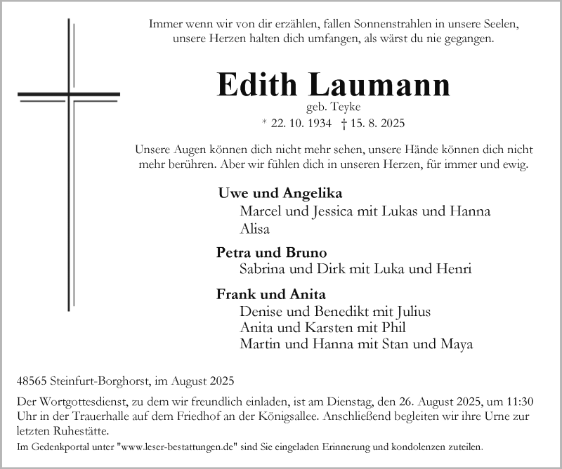 Traueranzeige für Edith Laumann vom 23.08.2025 aus 