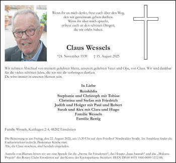 Anzeige von Claus Wessels 