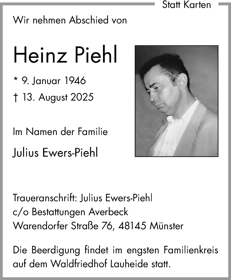  Traueranzeige für Heinz Piehl vom 23.08.2025 aus 