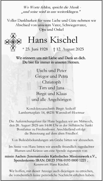 Anzeige von Hans Kischel 