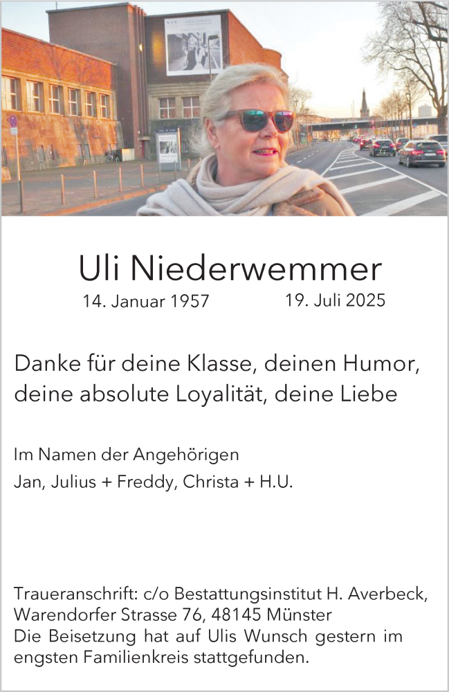  Traueranzeige für Uli Niederwemmer vom 02.08.2025 aus 