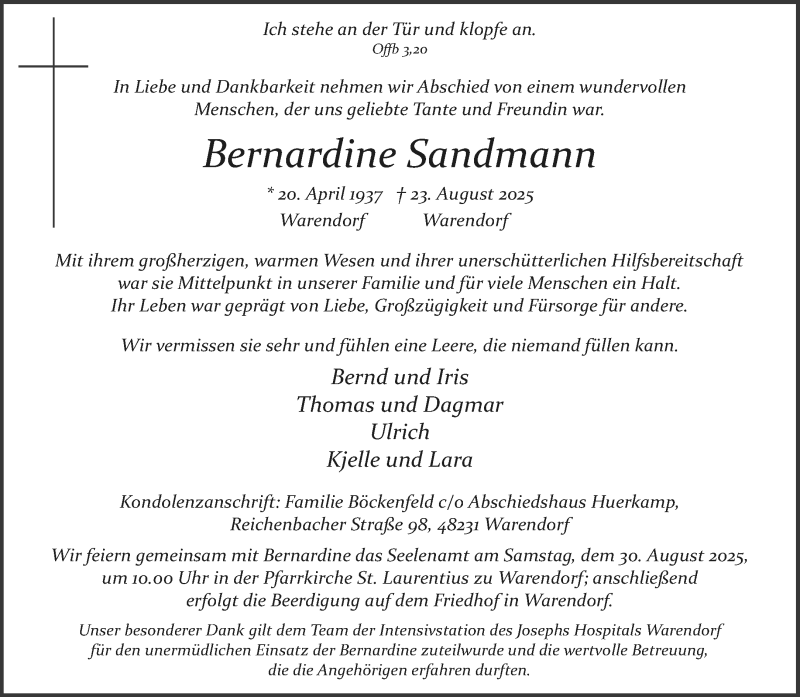  Traueranzeige für Bernardine Sandmann vom 27.08.2025 aus 