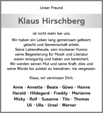 Anzeige von Klaus Hirschberg 