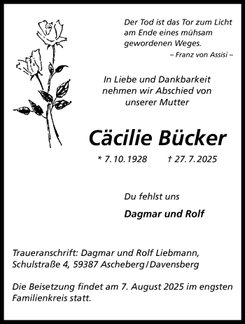Anzeige von Cäcilie Bücker 