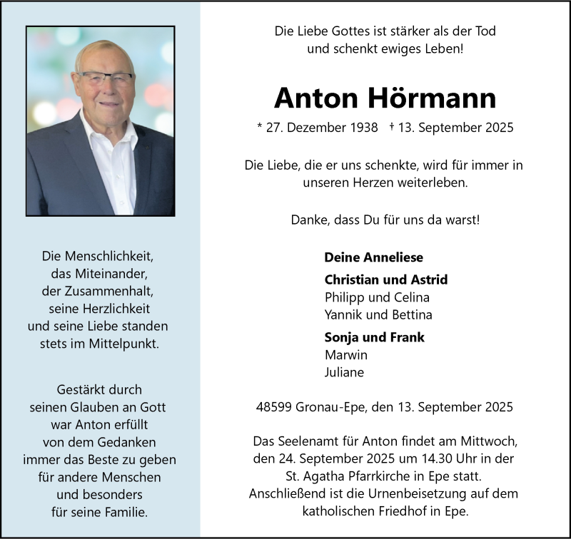  Traueranzeige für Anton Hörmann vom 20.09.2025 aus 