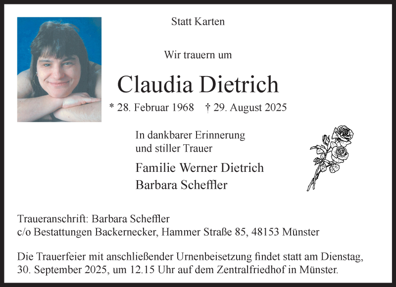  Traueranzeige für Claudia Dietrich vom 20.09.2025 aus 