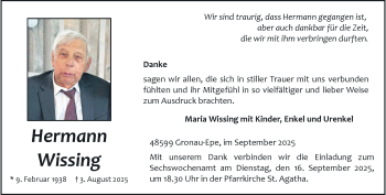 Anzeige von Hermann Wissing 