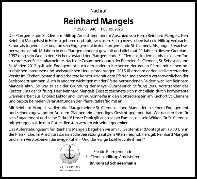  Traueranzeige für Reinhard Mangels vom 06.09.2025 aus 