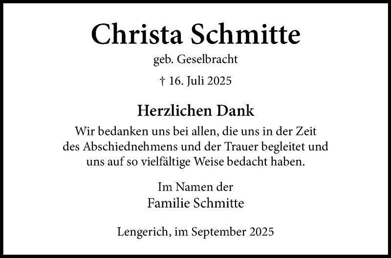  Traueranzeige für Christa Schmitte vom 06.09.2025 aus 