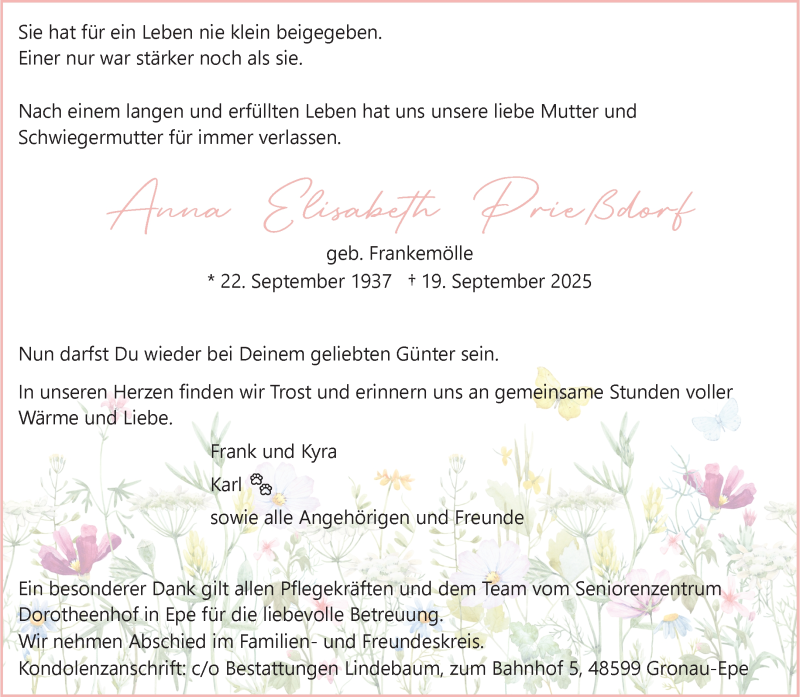  Traueranzeige für Anna Elisabeth Prießdorf vom 27.09.2025 aus 