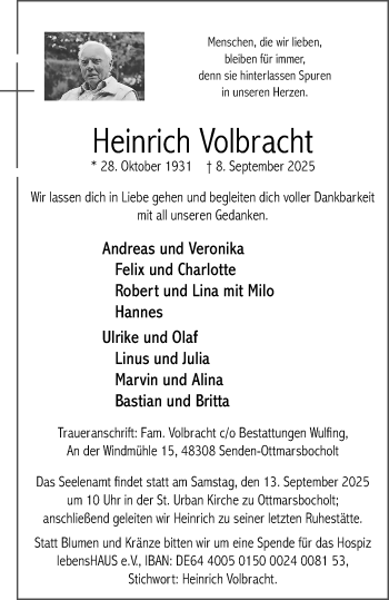 Anzeige von Heinrich Volbracht 