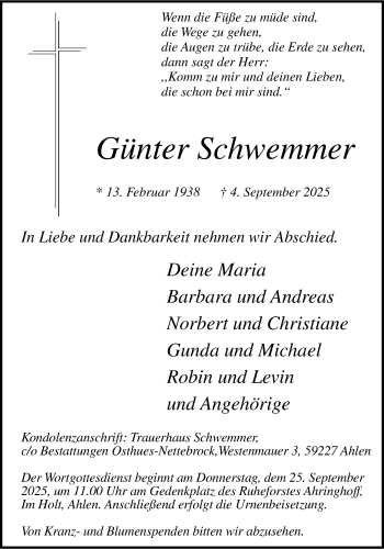 Anzeige von Günter Schwemmer 