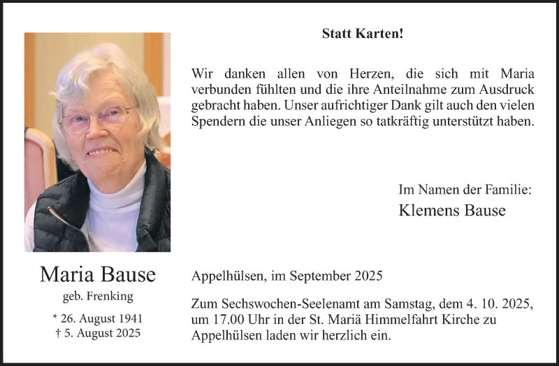  Traueranzeige für Maria Bause vom 27.09.2025 aus 